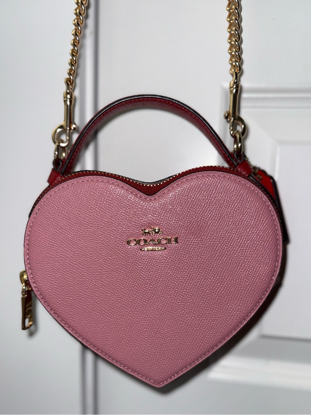 COACH Pink and Red Heart Mini Crossbody with Gold Chain